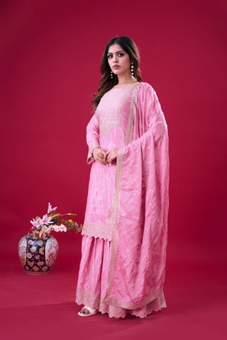 Exclusive Baby Pink Color Chinon Silk With Heavy Embroidery Sequence Work Sharara Suit
