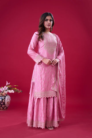Exclusive Baby Pink Color Chinon Silk With Heavy Embroidery Sequence Work Sharara Suit