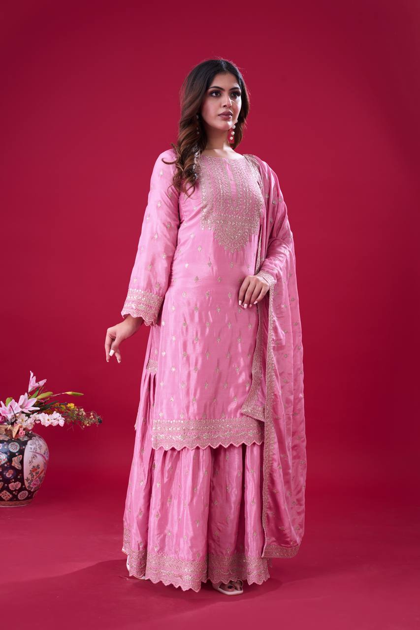 Exclusive Baby Pink Color Chinon Silk With Heavy Embroidery Sequence Work Sharara Suit