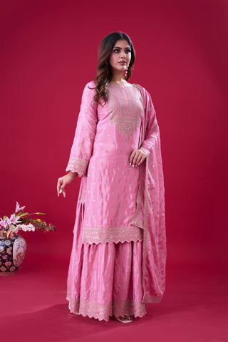 Exclusive Baby Pink Color Chinon Silk With Heavy Embroidery Sequence Work Sharara Suit