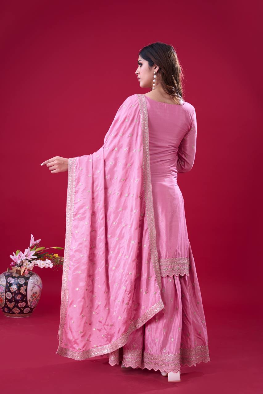 Exclusive Baby Pink Color Chinon Silk With Heavy Embroidery Sequence Work Sharara Suit