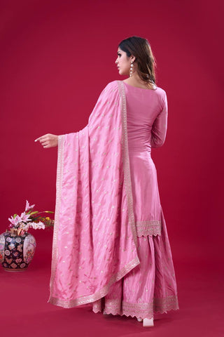 Exclusive Baby Pink Color Chinon Silk With Heavy Embroidery Sequence Work Sharara Suit