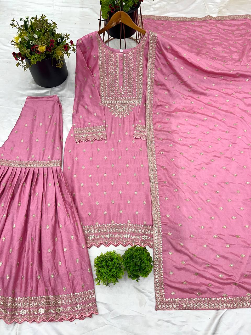 Exclusive Baby Pink Color Chinon Silk With Heavy Embroidery Sequence Work Sharara Suit