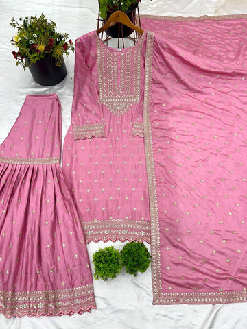 Exclusive Baby Pink Color Chinon Silk With Heavy Embroidery Sequence Work Sharara Suit