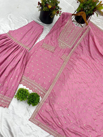 Exclusive Baby Pink Color Chinon Silk With Heavy Embroidery Sequence Work Sharara Suit