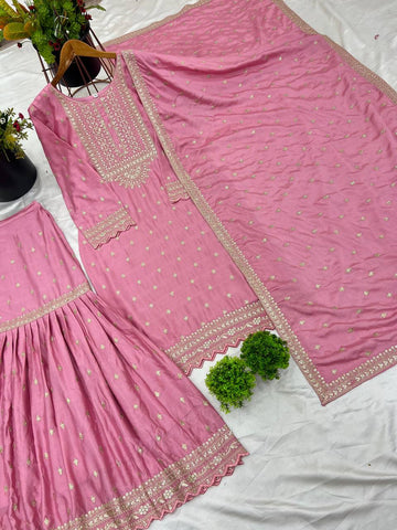 Exclusive Baby Pink Color Chinon Silk With Heavy Embroidery Sequence Work Sharara Suit