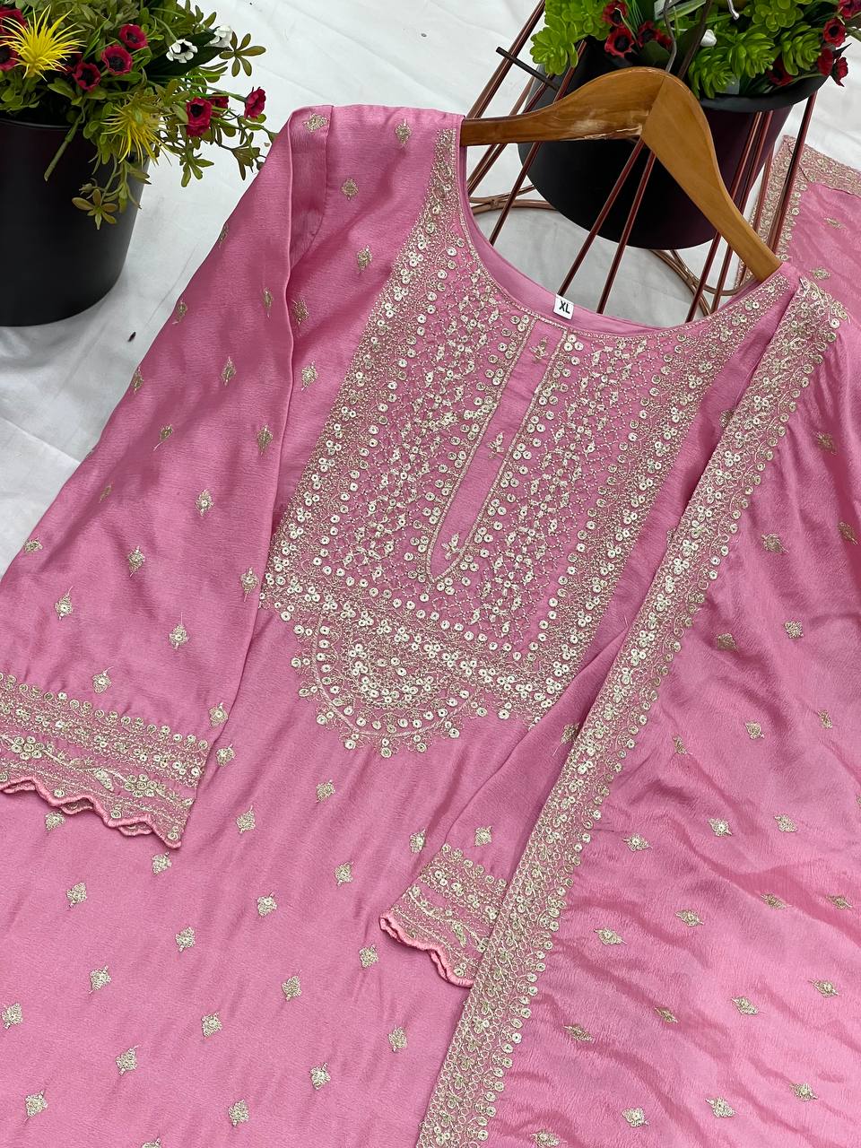 Exclusive Baby Pink Color Chinon Silk With Heavy Embroidery Sequence Work Sharara Suit