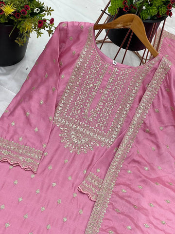 Exclusive Baby Pink Color Chinon Silk With Heavy Embroidery Sequence Work Sharara Suit