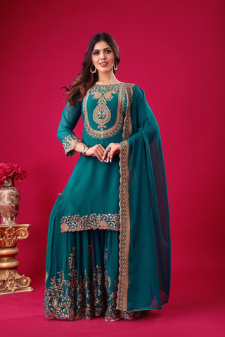 Fabulous Teal Green Color Blooming Faux Georgette With Heavy Embroidery Sequence Thread Work Sharara Suit