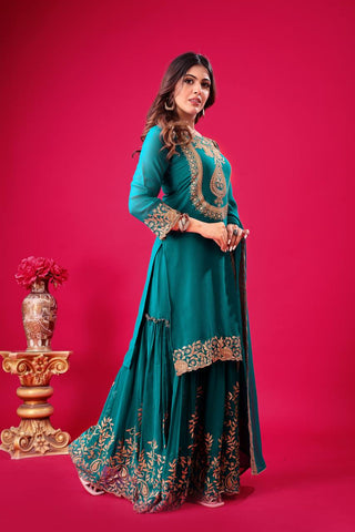 Fabulous Teal Green Color Blooming Faux Georgette With Heavy Embroidery Sequence Thread Work Sharara Suit