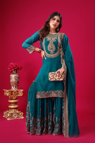Fabulous Teal Green Color Blooming Faux Georgette With Heavy Embroidery Sequence Thread Work Sharara Suit