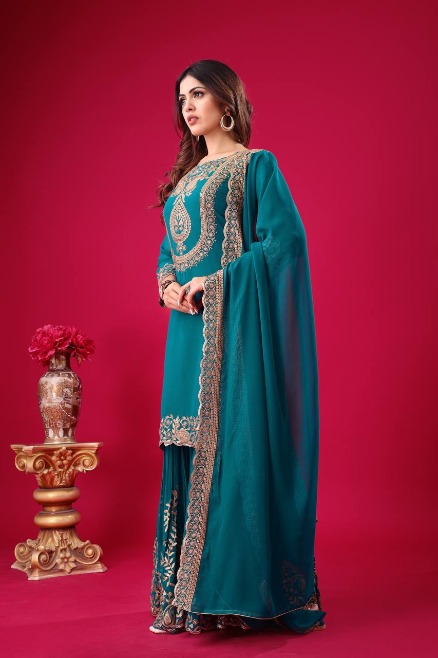 Fabulous Teal Green Color Blooming Faux Georgette With Heavy Embroidery Sequence Thread Work Sharara Suit