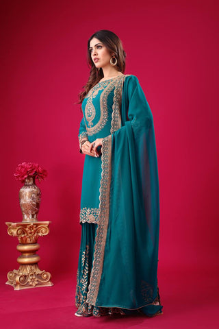 Fabulous Teal Green Color Blooming Faux Georgette With Heavy Embroidery Sequence Thread Work Sharara Suit