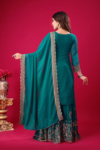 Fabulous Teal Green Color Blooming Faux Georgette With Heavy Embroidery Sequence Thread Work Sharara Suit