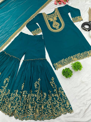 Fabulous Teal Green Color Blooming Faux Georgette With Heavy Embroidery Sequence Thread Work Sharara Suit