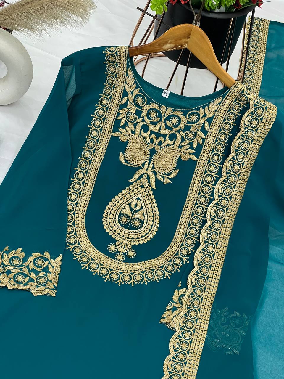 Fabulous Teal Green Color Blooming Faux Georgette With Heavy Embroidery Sequence Thread Work Sharara Suit