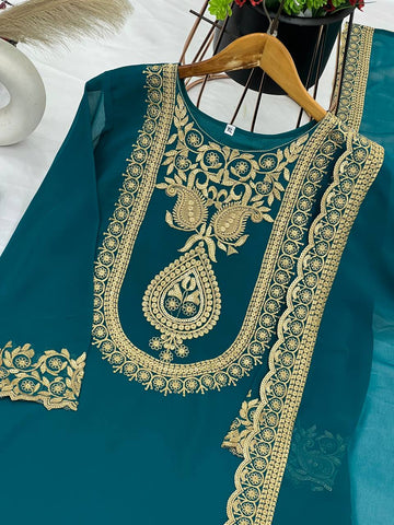 Fabulous Teal Green Color Blooming Faux Georgette With Heavy Embroidery Sequence Thread Work Sharara Suit
