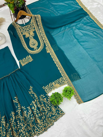Fabulous Teal Green Color Blooming Faux Georgette With Heavy Embroidery Sequence Thread Work Sharara Suit