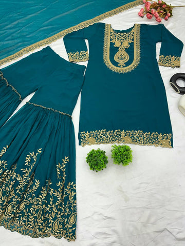 Fabulous Teal Green Color Blooming Faux Georgette With Heavy Embroidery Sequence Thread Work Sharara Suit