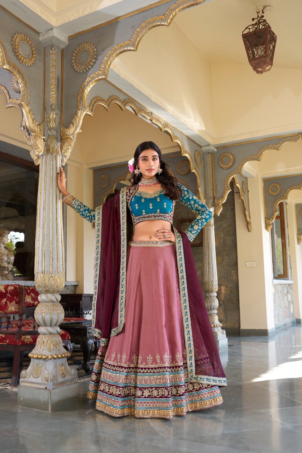 Glossy Peach Color Moonga Silk With Sequins And Thread Embroidery Work Bridal Wear Lehenga Choli