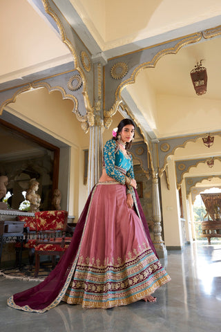 Glossy Peach Color Moonga Silk With Sequins And Thread Embroidery Work Bridal Wear Lehenga Choli