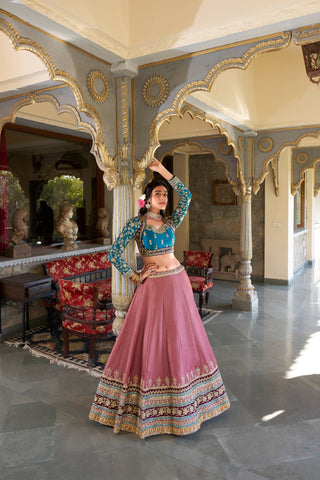 Glossy Peach Color Moonga Silk With Sequins And Thread Embroidery Work Bridal Wear Lehenga Choli