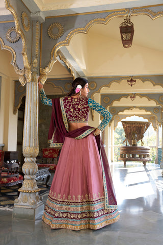 Glossy Peach Color Moonga Silk With Sequins And Thread Embroidery Work Bridal Wear Lehenga Choli