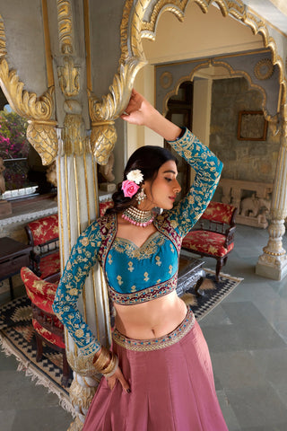 Glossy Peach Color Moonga Silk With Sequins And Thread Embroidery Work Bridal Wear Lehenga Choli
