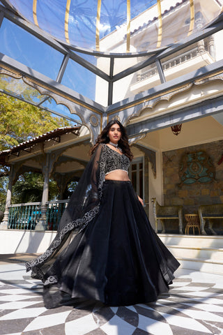 Ravishing Black Color Star Satin And Drawstring With Zip Designer Lehenga Choli
