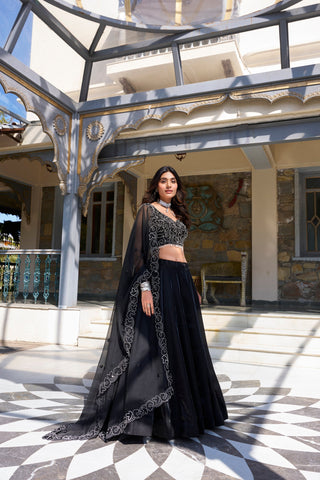 Ravishing Black Color Star Satin And Drawstring With Zip Designer Lehenga Choli