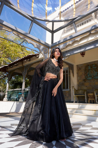 Ravishing Black Color Star Satin And Drawstring With Zip Designer Lehenga Choli