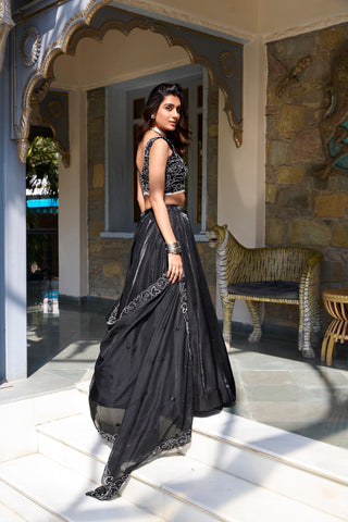 Ravishing Black Color Star Satin And Drawstring With Zip Designer Lehenga Choli