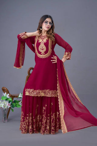 Fabulous Maroon Color Blooming Faux Georgette With Heavy Embroidery Sequence Thread Work Sharara Suit