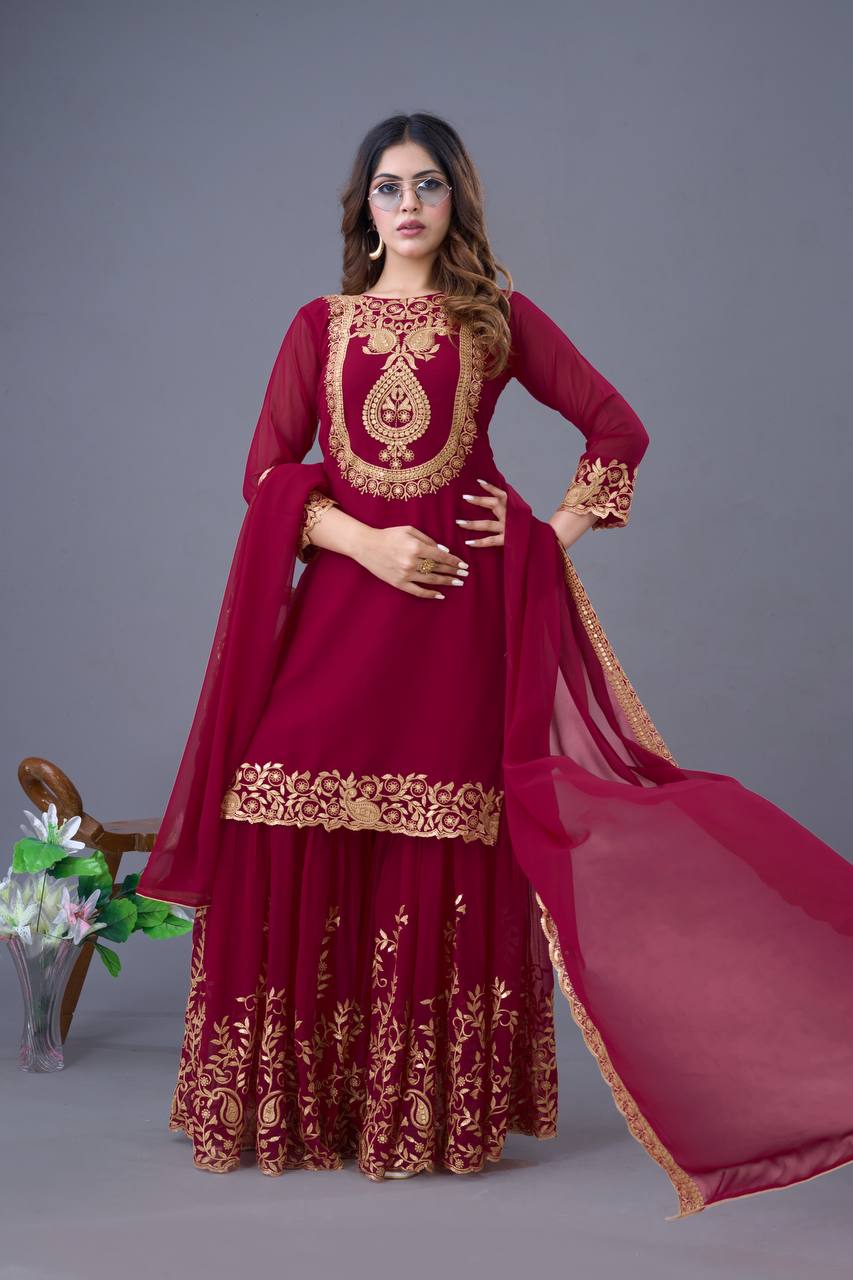 Fabulous Maroon Color Blooming Faux Georgette With Heavy Embroidery Sequence Thread Work Sharara Suit