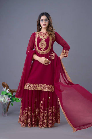 Fabulous Maroon Color Blooming Faux Georgette With Heavy Embroidery Sequence Thread Work Sharara Suit