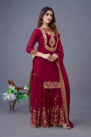 Fabulous Maroon Color Blooming Faux Georgette With Heavy Embroidery Sequence Thread Work Sharara Suit
