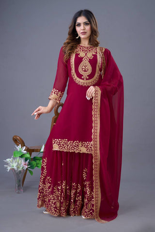 Fabulous Maroon Color Blooming Faux Georgette With Heavy Embroidery Sequence Thread Work Sharara Suit