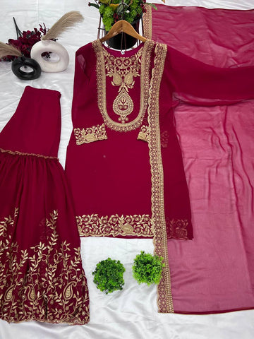Fabulous Maroon Color Blooming Faux Georgette With Heavy Embroidery Sequence Thread Work Sharara Suit