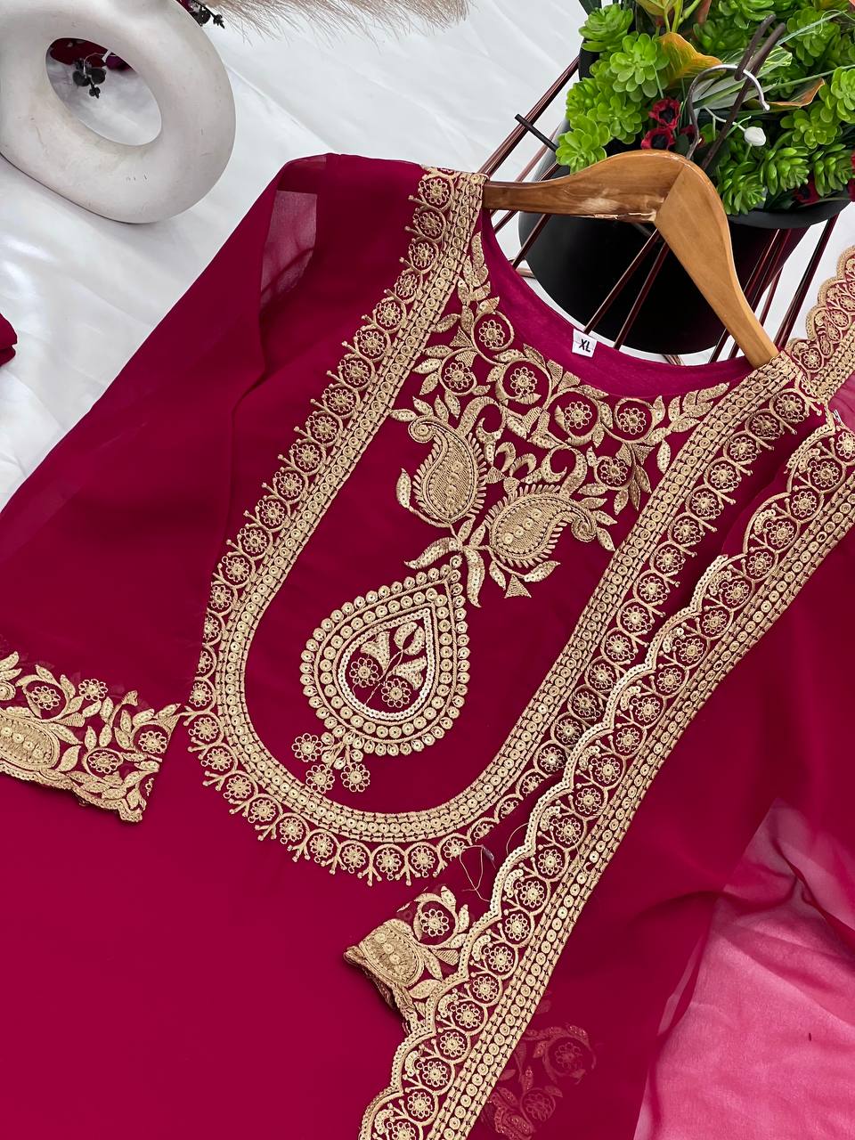 Fabulous Maroon Color Blooming Faux Georgette With Heavy Embroidery Sequence Thread Work Sharara Suit