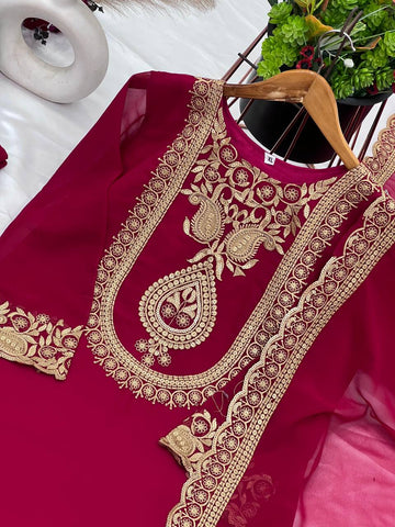 Fabulous Maroon Color Blooming Faux Georgette With Heavy Embroidery Sequence Thread Work Sharara Suit