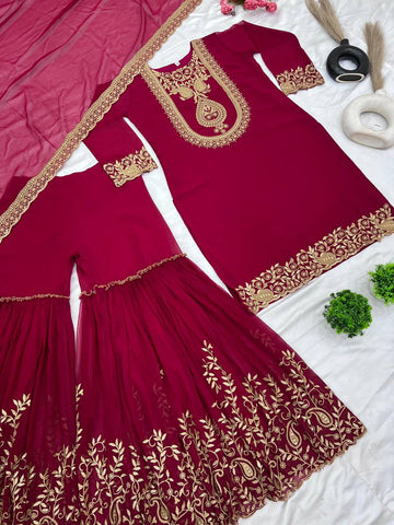 Fabulous Maroon Color Blooming Faux Georgette With Heavy Embroidery Sequence Thread Work Sharara Suit