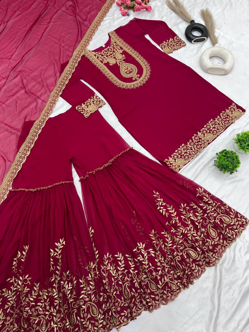 Fabulous Maroon Color Blooming Faux Georgette With Heavy Embroidery Sequence Thread Work Sharara Suit