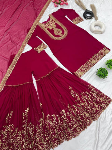 Fabulous Maroon Color Blooming Faux Georgette With Heavy Embroidery Sequence Thread Work Sharara Suit