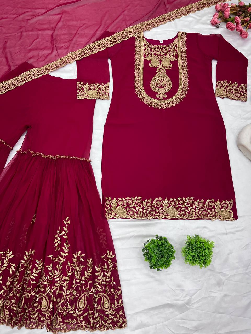 Fabulous Maroon Color Blooming Faux Georgette With Heavy Embroidery Sequence Thread Work Sharara Suit