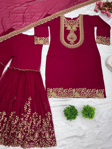 Fabulous Maroon Color Blooming Faux Georgette With Heavy Embroidery Sequence Thread Work Sharara Suit