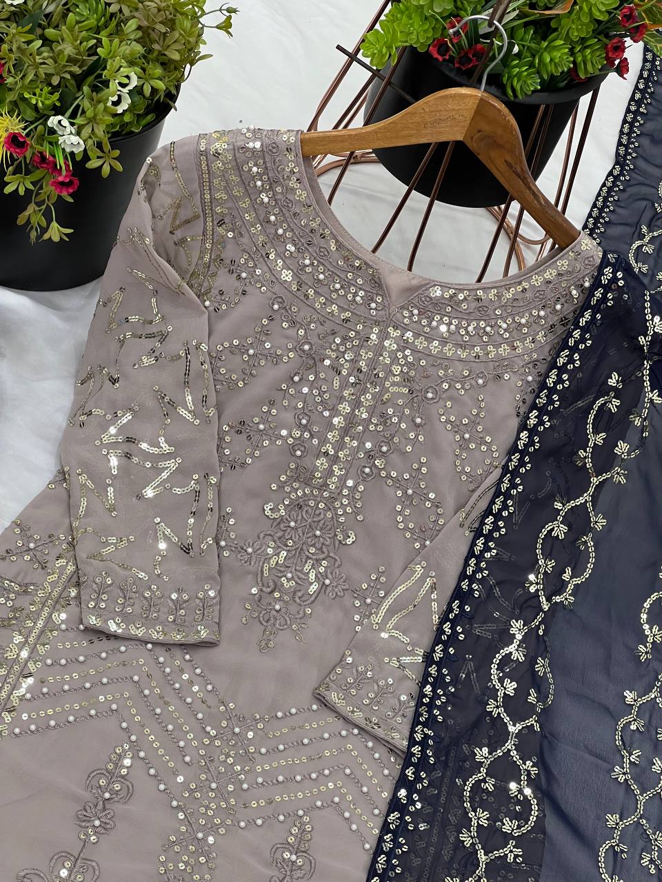 Wedding Wear Grey Color Heavy Faux Georgette With 5mm Embroidery Sequence Work Sharara Suit