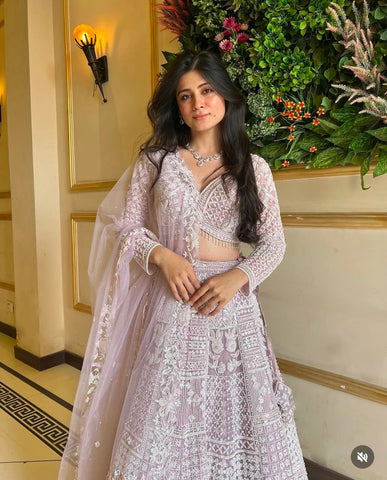 Ceremony Wear Lavender Color Net Lehenga With Resham Thread And Sequins Work Designer Lehenga Choli