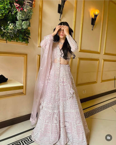 Ceremony Wear Lavender Color Net Lehenga With Resham Thread And Sequins Work Designer Lehenga Choli