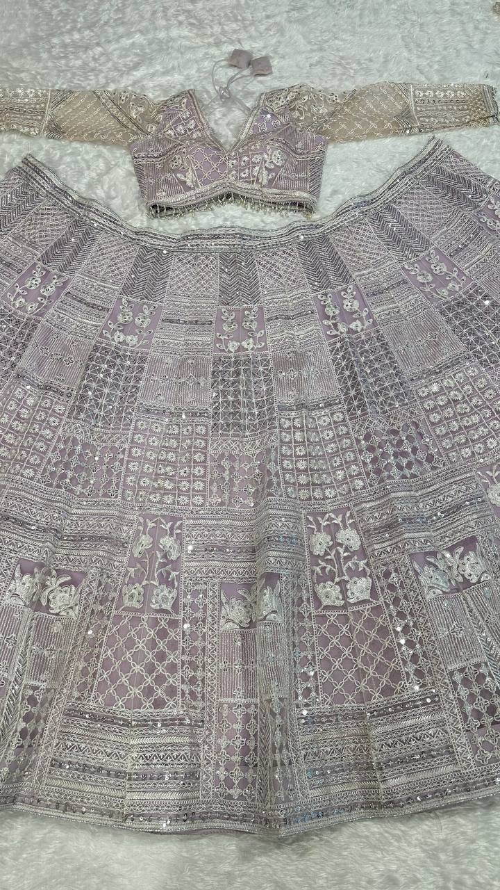 Ceremony Wear Lavender Color Net Lehenga With Resham Thread And Sequins Work Designer Lehenga Choli