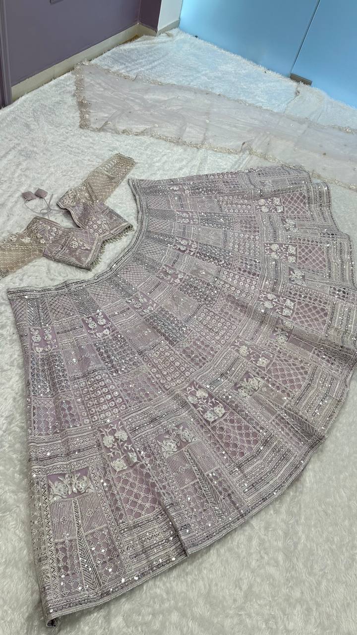 Ceremony Wear Lavender Color Net Lehenga With Resham Thread And Sequins Work Designer Lehenga Choli